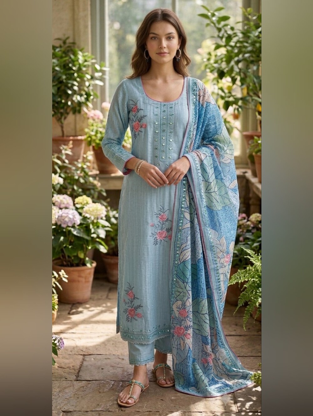 Light Blue Floral Embroidered Salwar Kameez Set